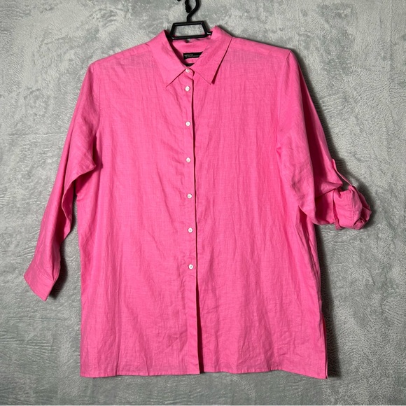 Vintage Valerie Stevens Linen Shirt Womens 18W Pink Roll Tab Sleeves Minimalist - Picture 1 of 13